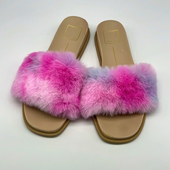 Dolce Vita - Gaia Bright Multi Colorful Tye Dye Faux Fur Slide On Sandal Size 7 - Picture 2 of 14